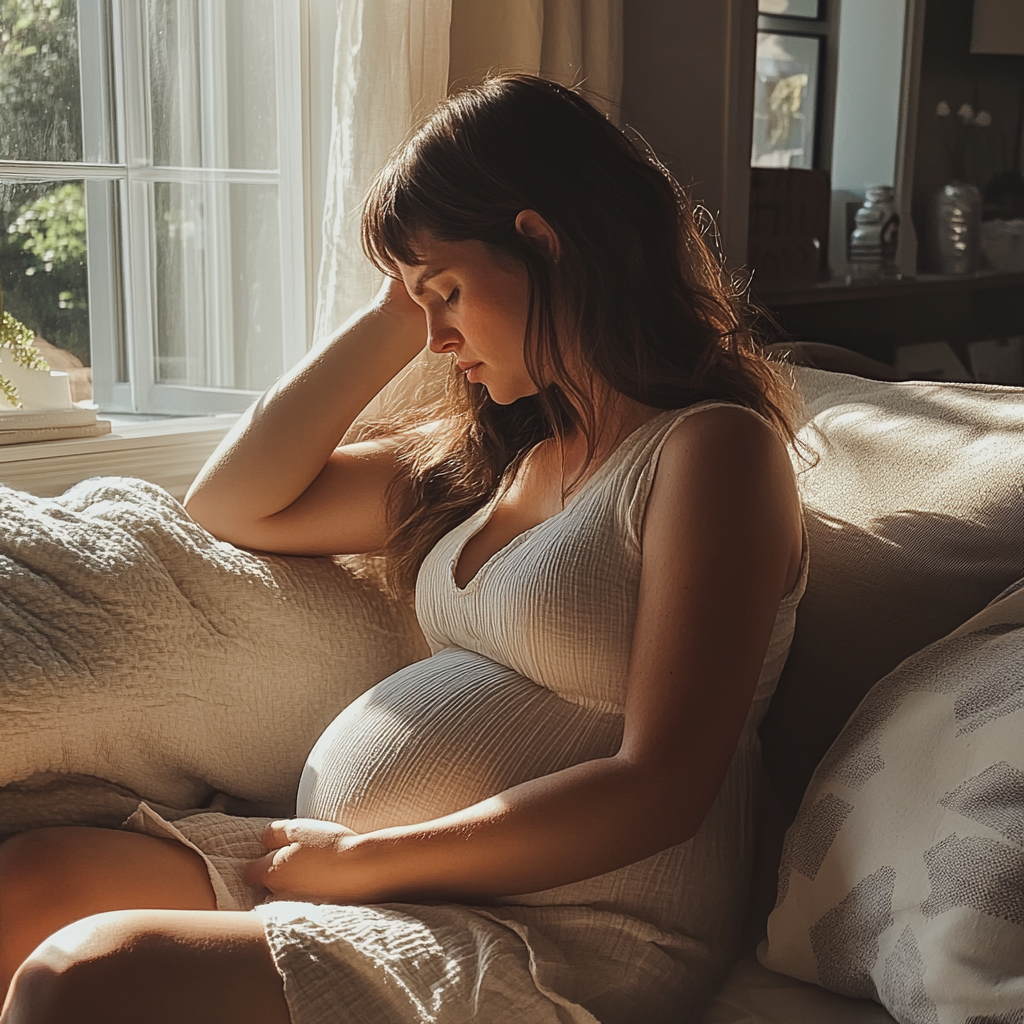 Una mujer sentada en un sofá y sujetándose el vientre | Fuente: Midjourney