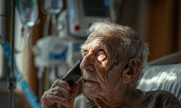 Un anciano en la cama de un hospital hablando por el móvil | Fuente: Midjourney