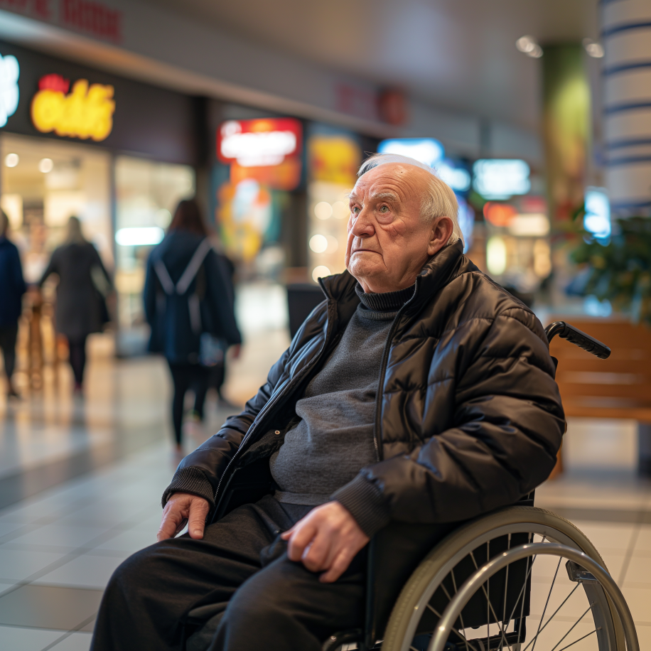 Un anciano en silla de ruedas en un centro comercial | Fuente: Midjourney