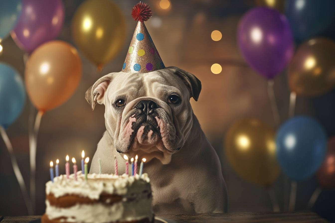 Un Bulldog con sombrero de fiesta sentado cerca de una tarta de cumpleaños | Fuente: Midjourney