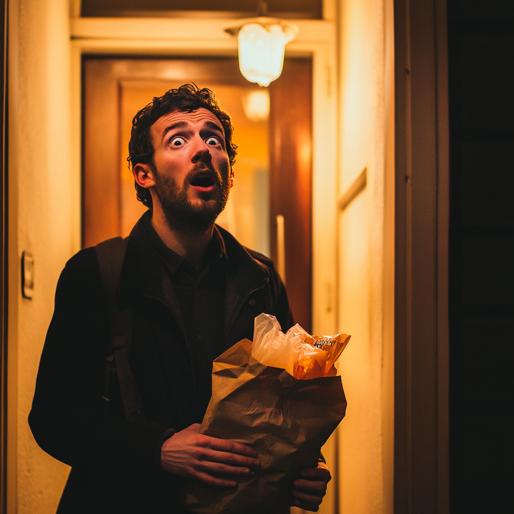 Un hombre conmocionado con bolsas de comida para llevar | Fuente: Midjourney