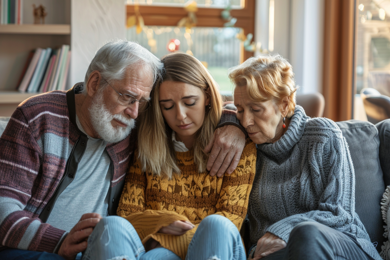 Una pareja de ancianos consuela a su nieta adulta | Fuente: MidJourney