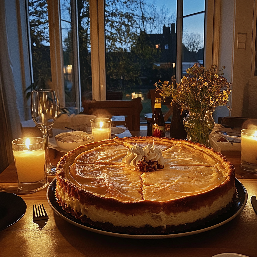 Una tarta de queso en una mesa | Fuente: Midjourney