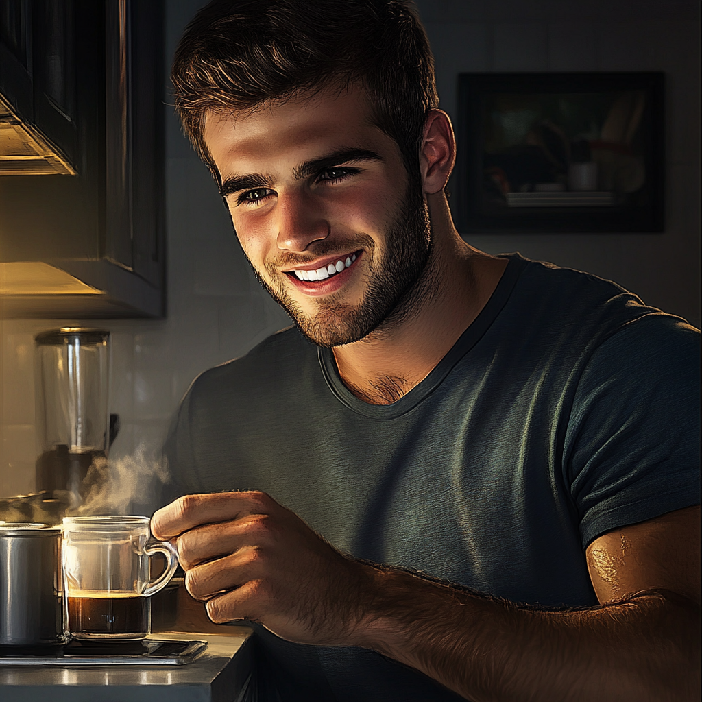 Un hombre alegre haciendo café | Fuente: Midjourney