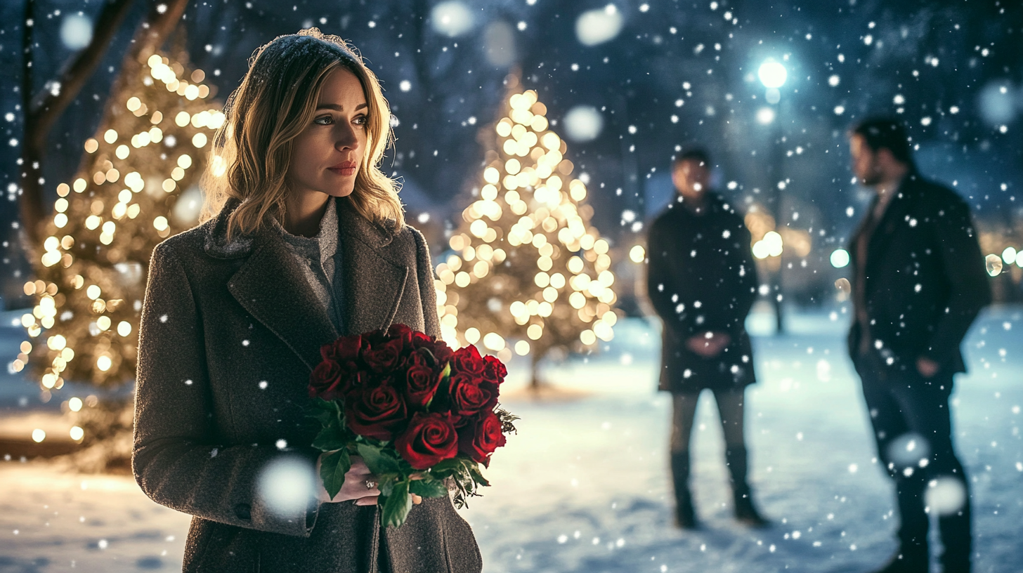 Mujer sosteniendo un ramo de rosas en el parque cubierto de nieve mientras dos hombres permanecen de pie detrás de ella | Fuente: Midjourney