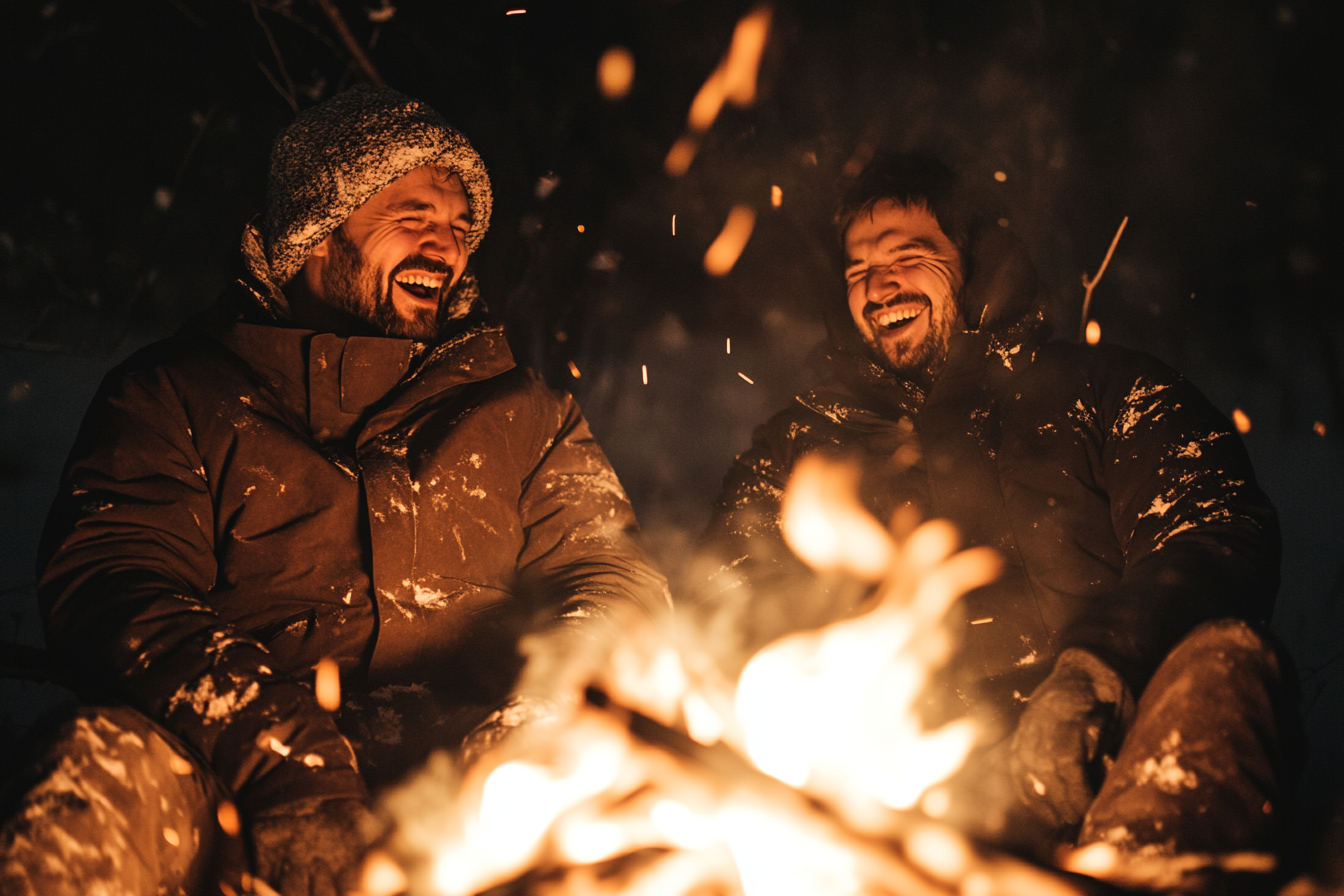 Dos hombres riendo juntos junto a una hoguera | Fuente: Midjourney