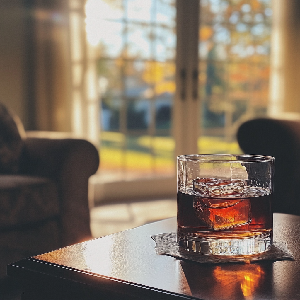 Un vaso de whisky sobre una mesa de café | Fuente: Midjourney