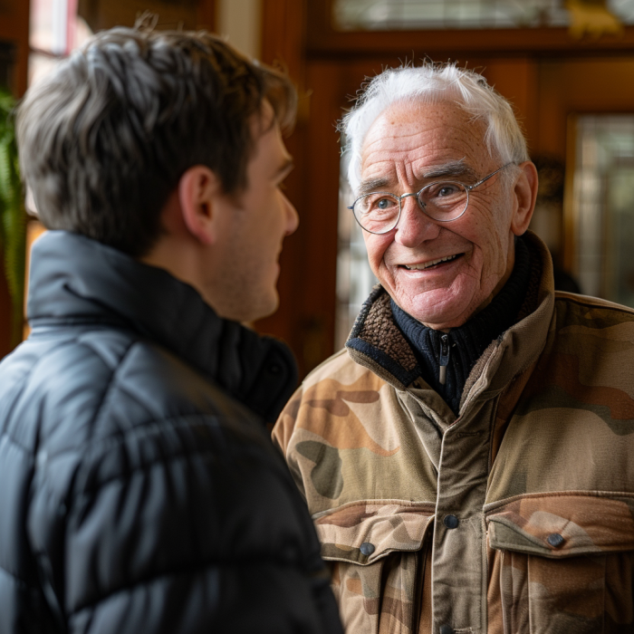 Un hombre de mediana edad hablando con un chico más joven en casa | Fuente: Midjourney