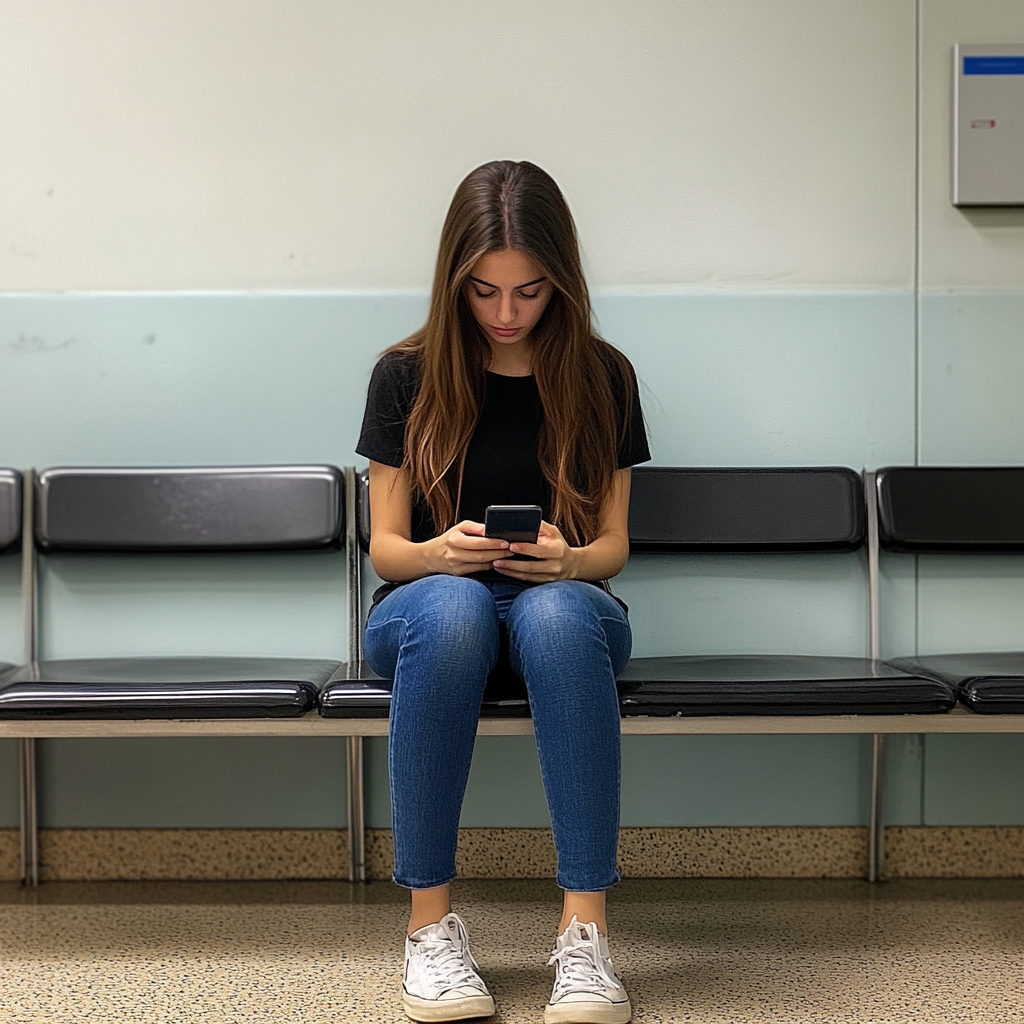 Una mujer sentada en una sala de espera y tecleando | Fuente: Midjourney