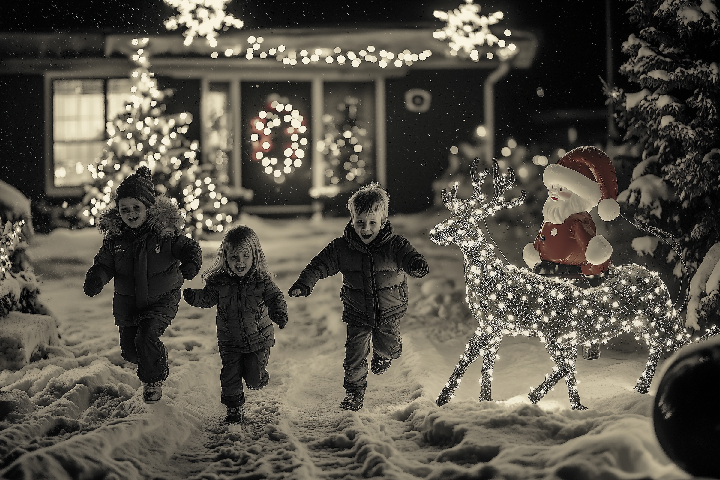 Tres niños corriendo por un patio nevado con adornos navideños | Fuente: Midjourney