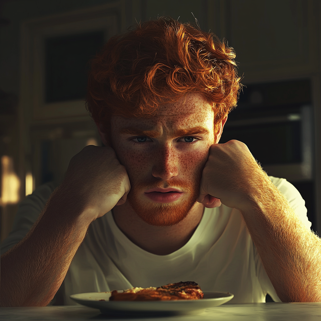 Un hombre con problemas sentado a la mesa del comedor | Fuente: Midjourney