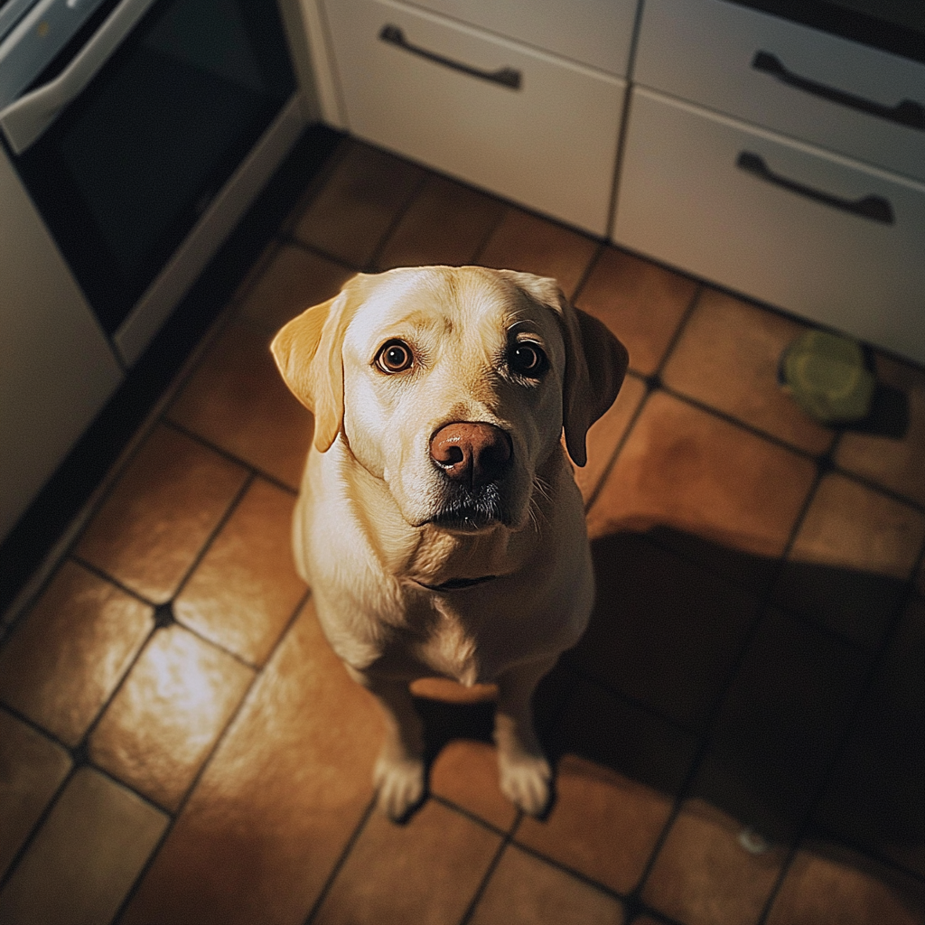 Un labrador sentado en el suelo de la cocina | Fuente: Midjourney