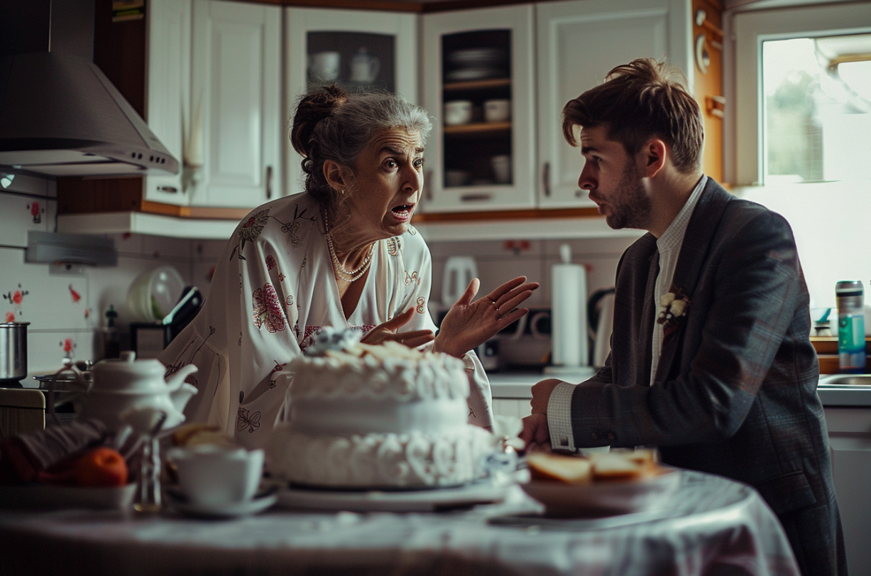 Un hombre discutiendo con su madre en una cocina | Fuente: Midjourney