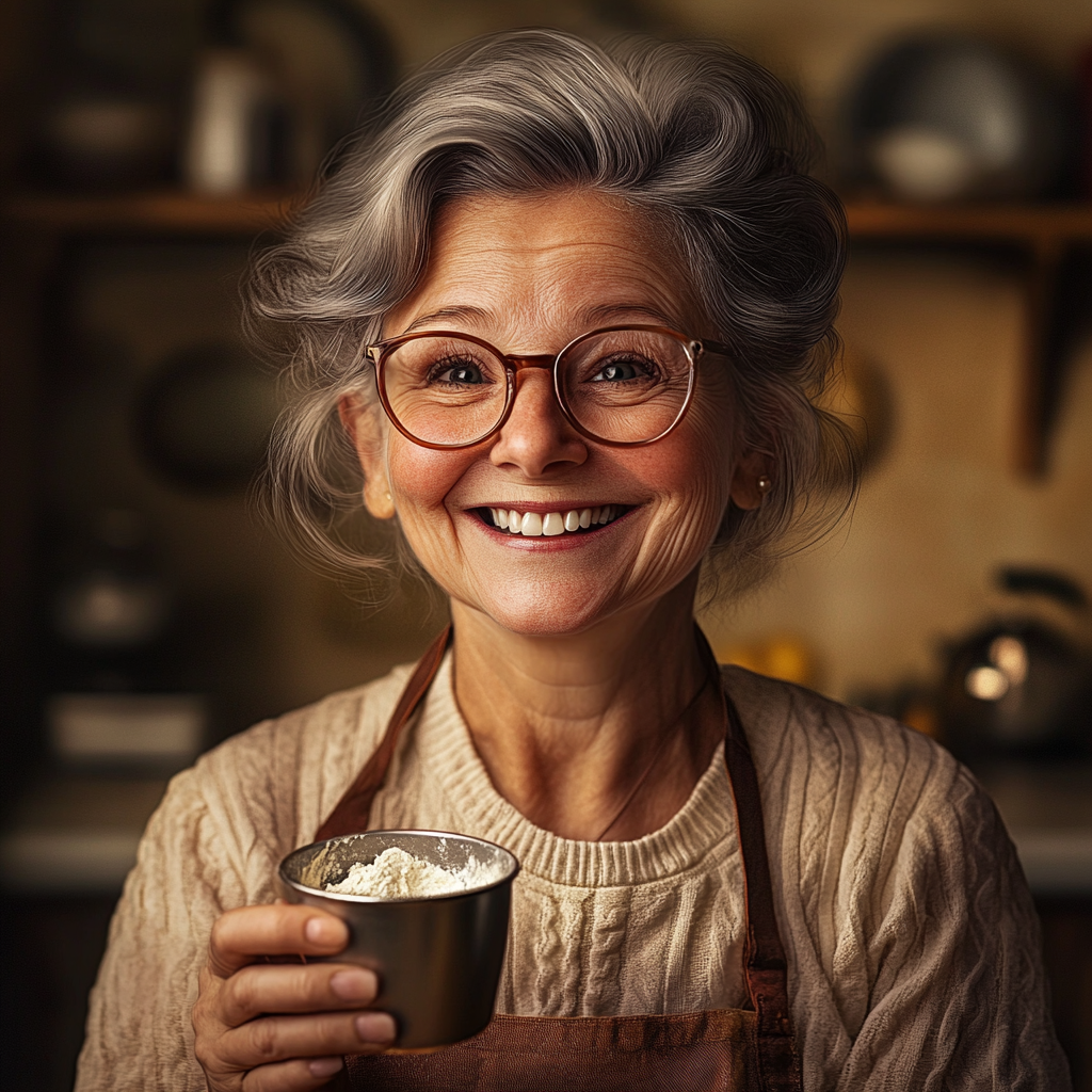 Una anciana sonriente con una taza de harina en la mano | Fuente: Midjourney