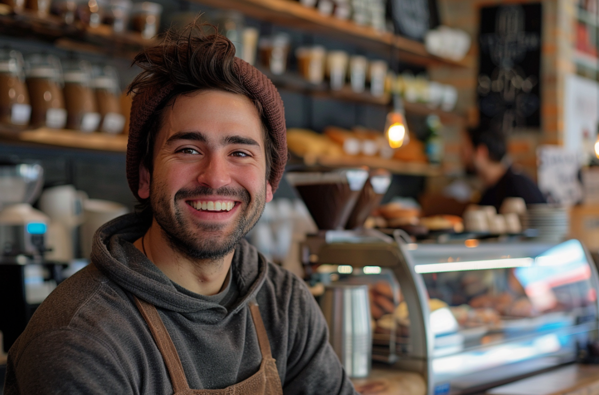 Un hombre trabajando en su cafetería | Fuente: Midjourney