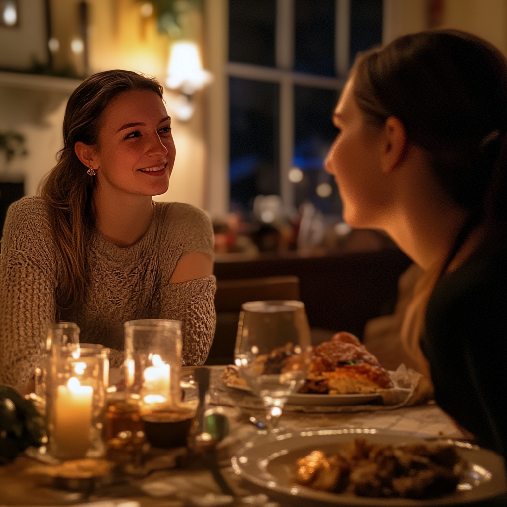 Una mujer sonriente hablando con su hermana | Fuente: Midjourney