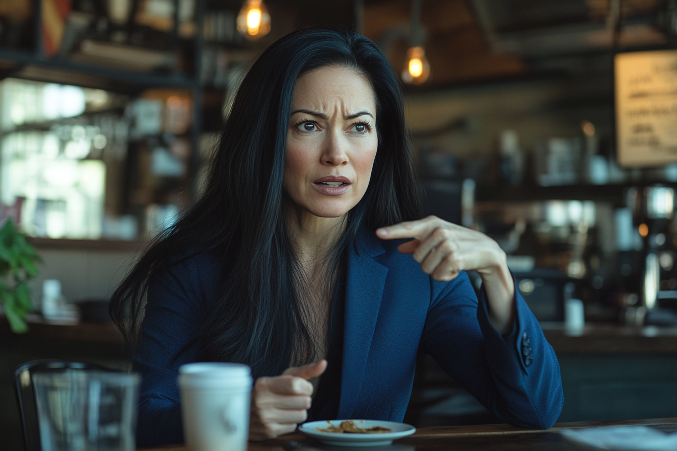 Una mujer en una cafetería, con cara de disgusto y señalando algo a su lado | Fuente: Midjourney