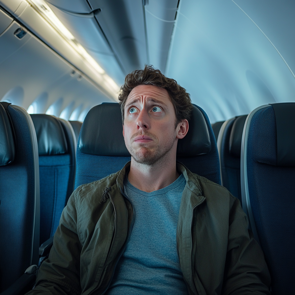 Un hombre de aspecto preocupado en un avión | Fuente: Midjourney