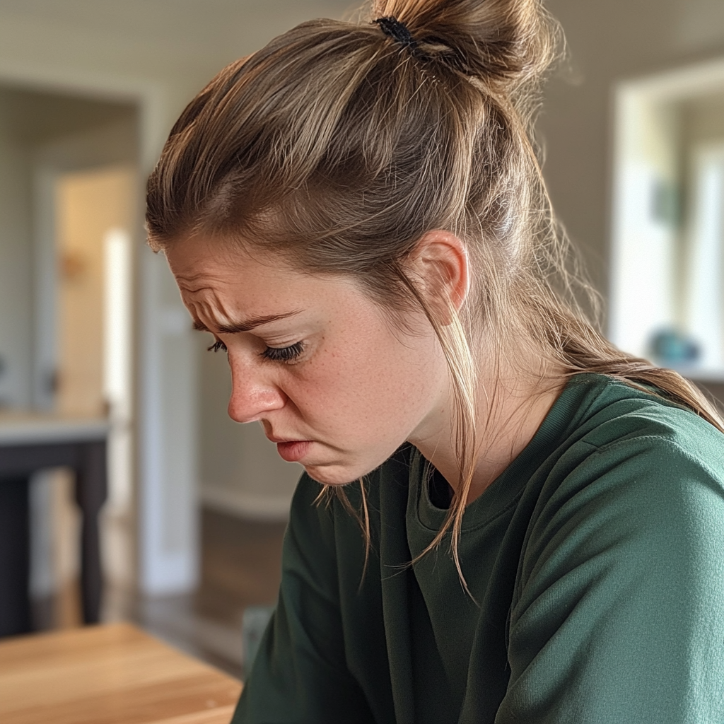 Una mujer disgustada sentada a la mesa de la cocina | Fuente: Midjourney