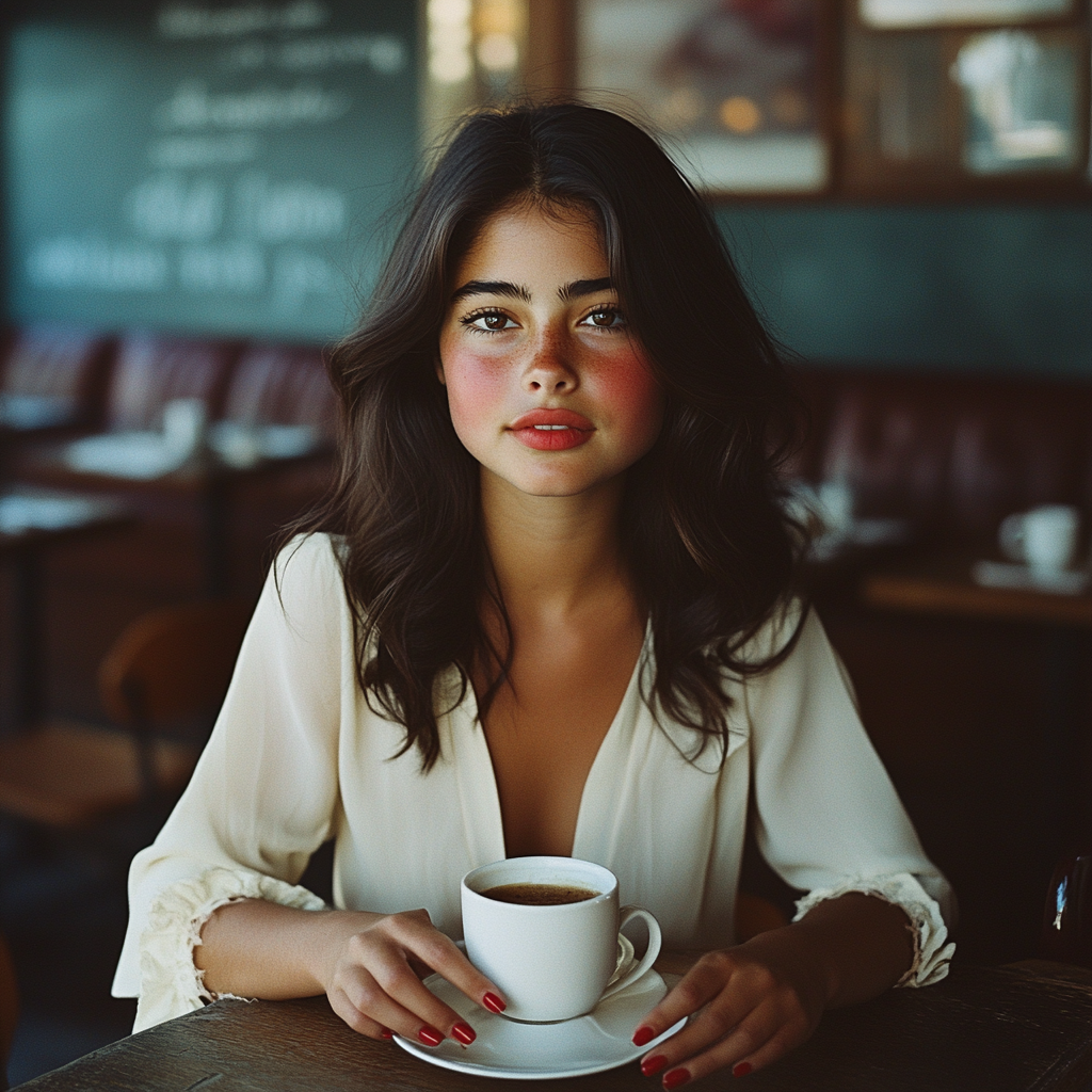 Una mujer sentada con un café con leche | Fuente: Midjourney