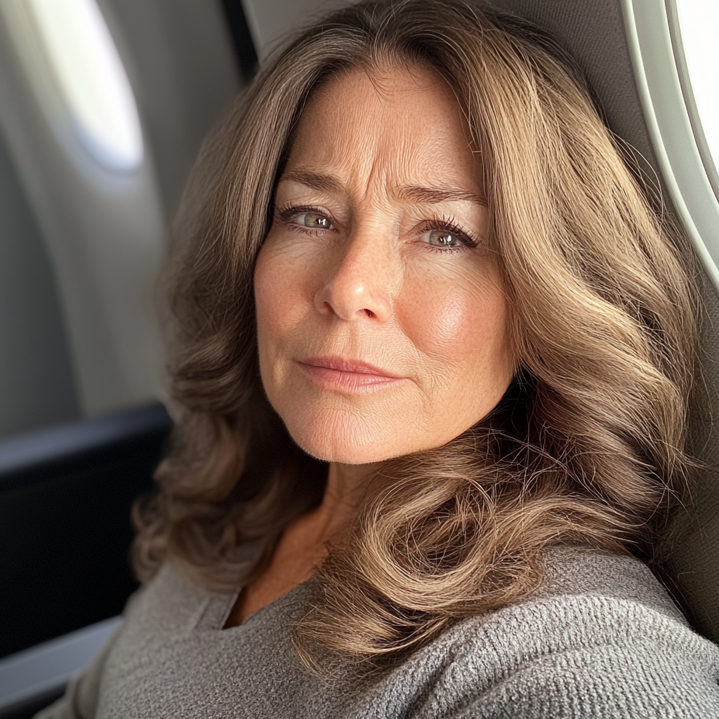 Una mujer emocionada sentada en un avión | Fuente: Midjourney