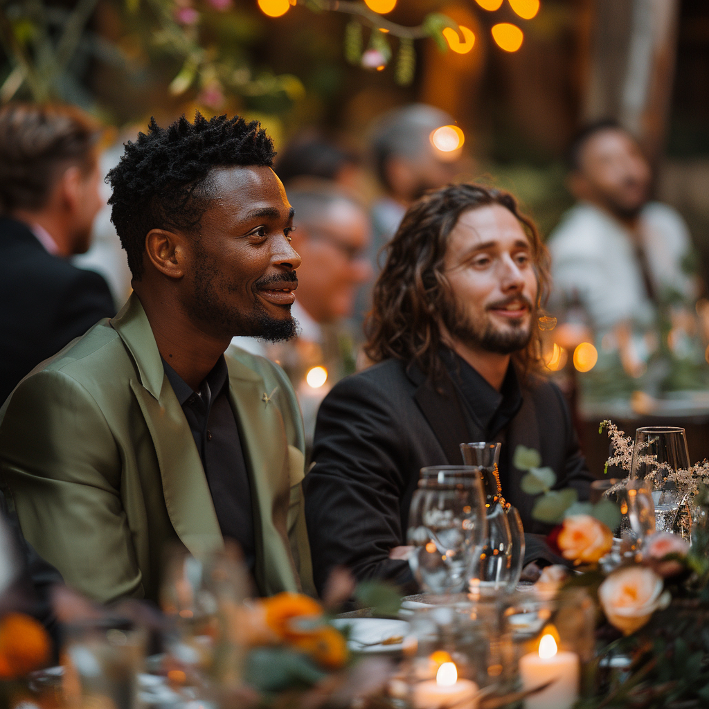 Amigos bromeando en una boda | Fuente: Midjourney