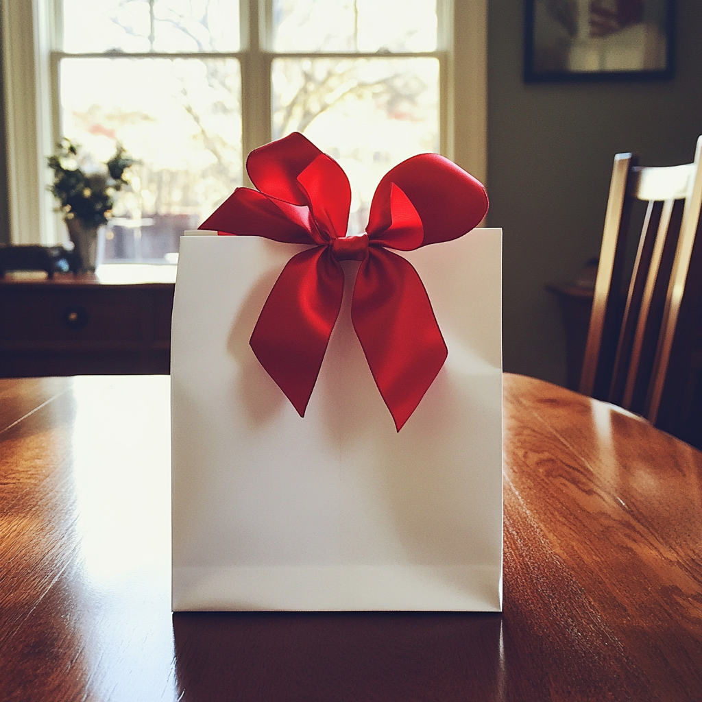 Una bolsa de regalo blanca sobre una mesa | Fuente: Midjourney