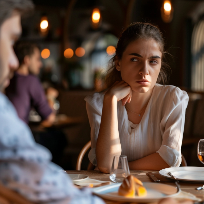 Una mujer se enfada con su novio durante su cita en un restaurante | Fuente: Midjourney