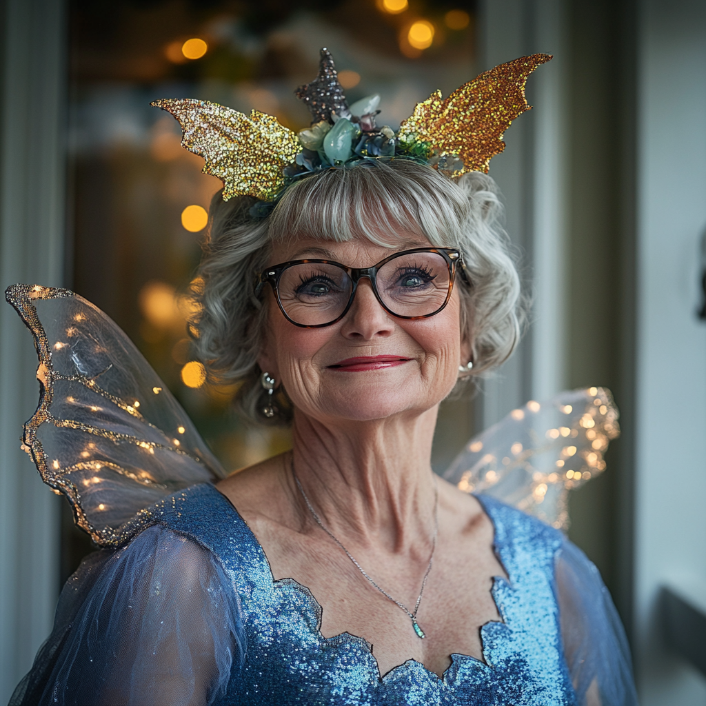 Una mujer sonriente disfrazada de hada madrina para Halloween | Fuente: Midjourney