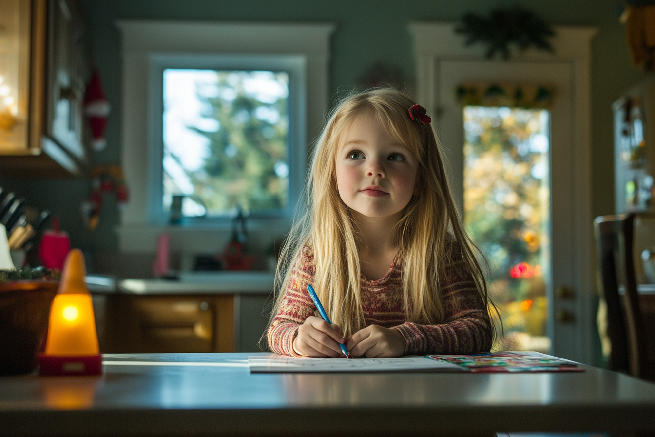 Niña rubia coloreando en una isla de cocina | Fuente: Midjourney