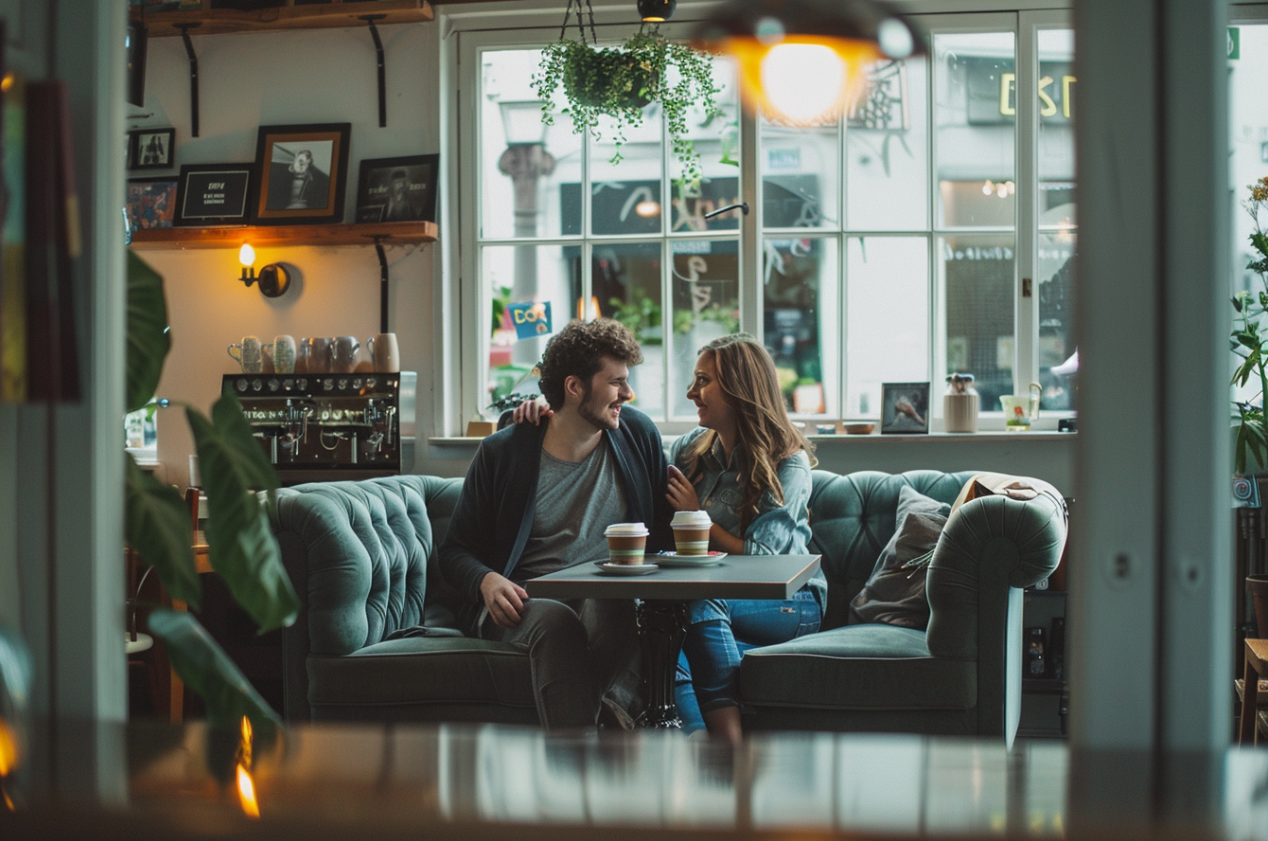 Una pareja en un sofá de una cafetería | Fuente: Midjourney