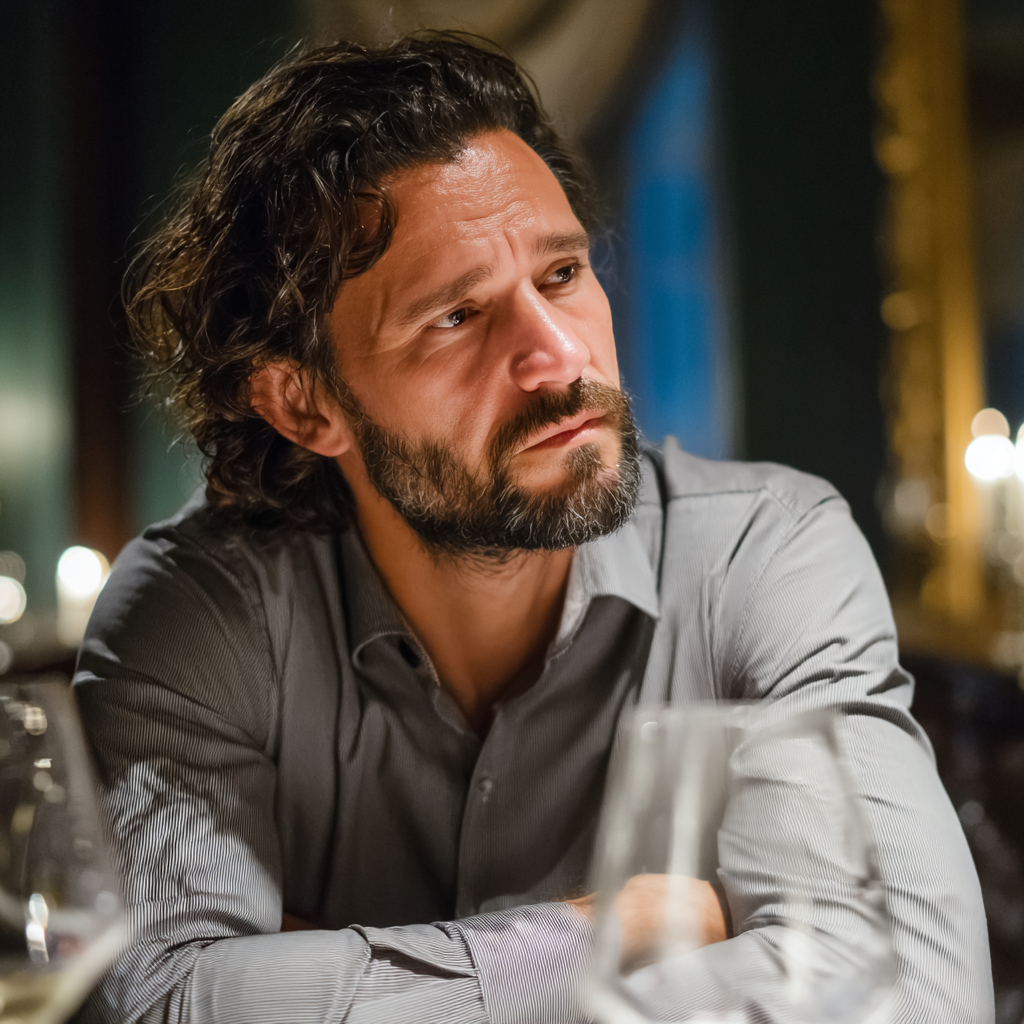 Un primo piano di un uomo sconvolto che indossa una camicia grigia | Fonte: Midjourney