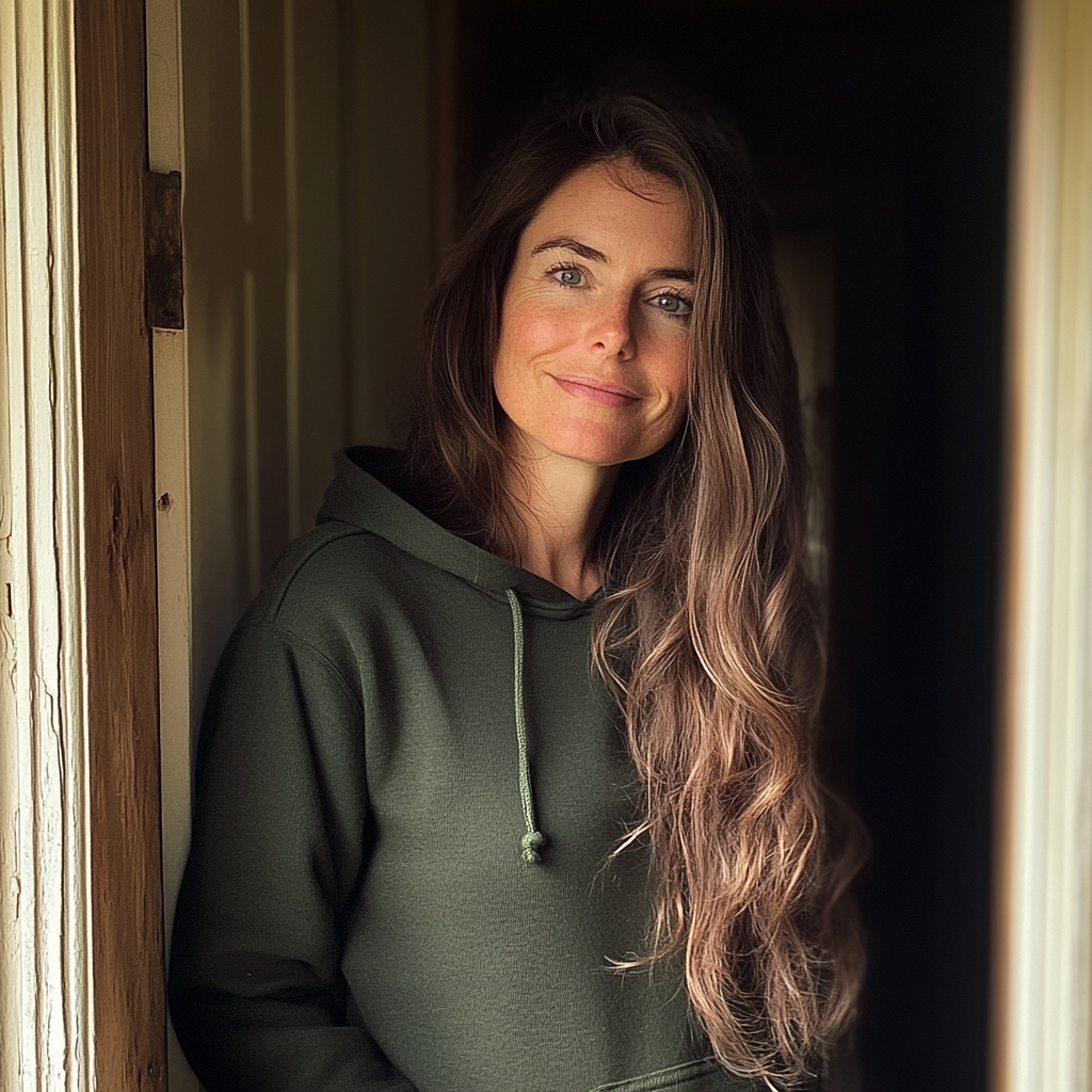 Una mujer sonriente de pie en un pasillo | Fuente: Midjourney