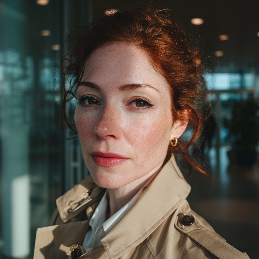 Una donna determinata in piedi alla reception di un ufficio Fonte: Midjourney