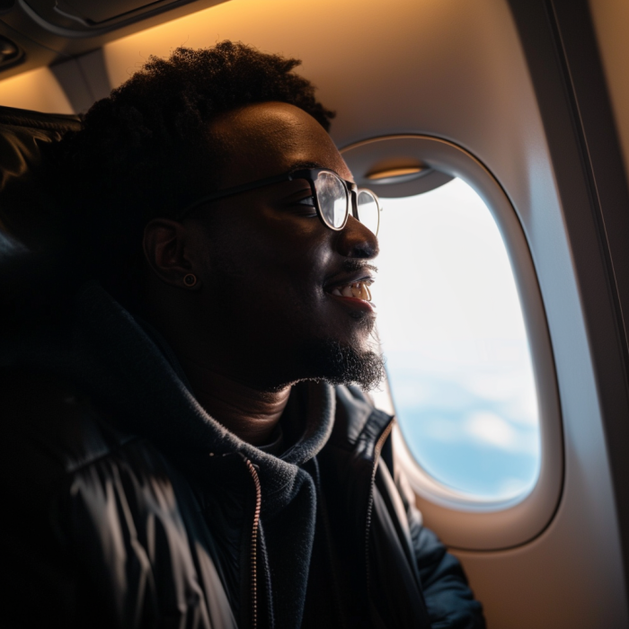 Un hombre negro volando en un avión | Fuente: Midjourney