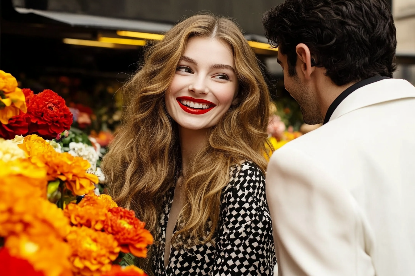 Una mujer sonriendo a un hombre en un mercado de flores | Fuente: Midjourney