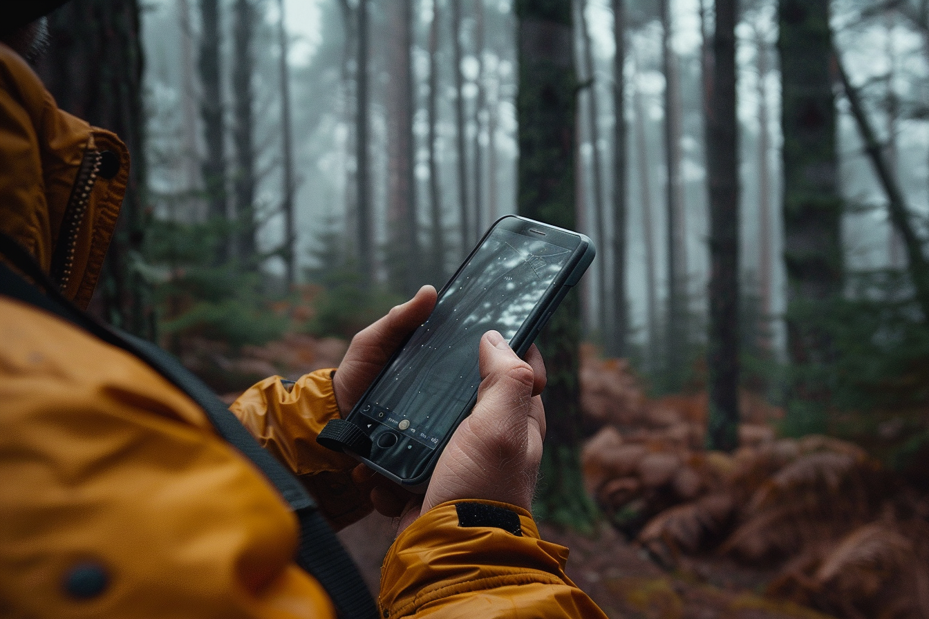 Un hombre sujetando su teléfono en un bosque | Fuente: Midjourney