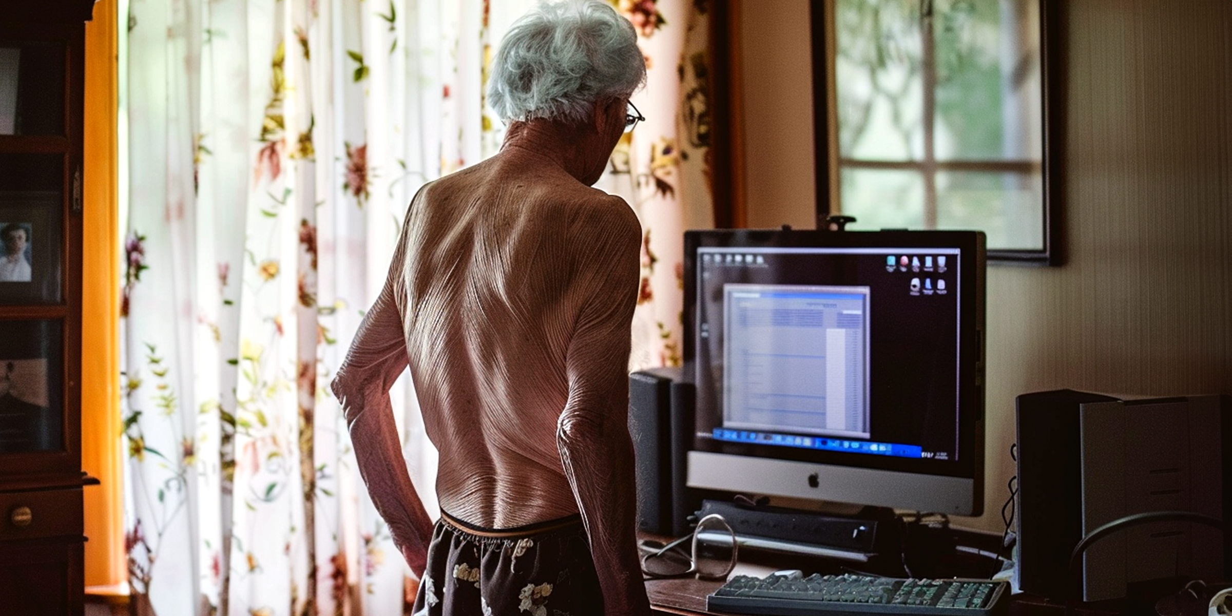Hombre sin camiseta delante de un ordenador | Foto: Midjourney