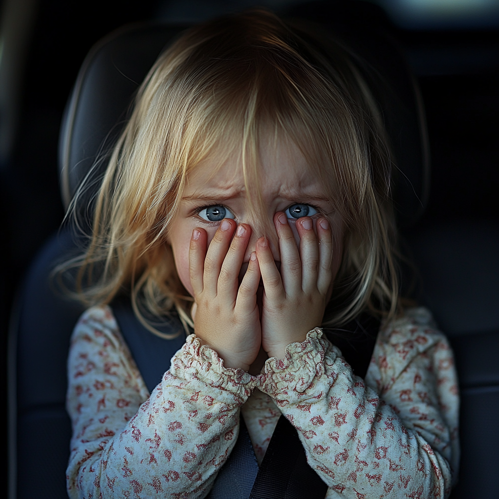 Una emotiva niña se tapa la cara mientras está sentada en el asiento trasero de un Automóvil | Fuente: Midjourney