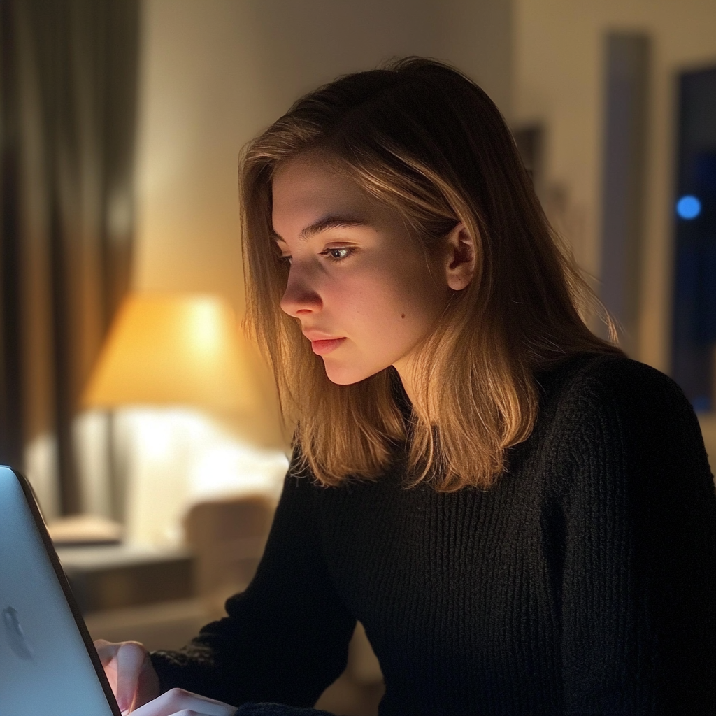 Una mujer utilizando su portátil por la noche | Fuente: Midjourney