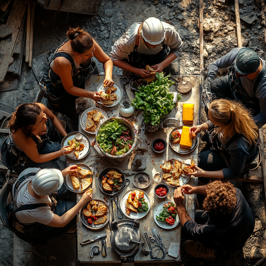 Los trabajadores comiendo | Fuente: Midjourney