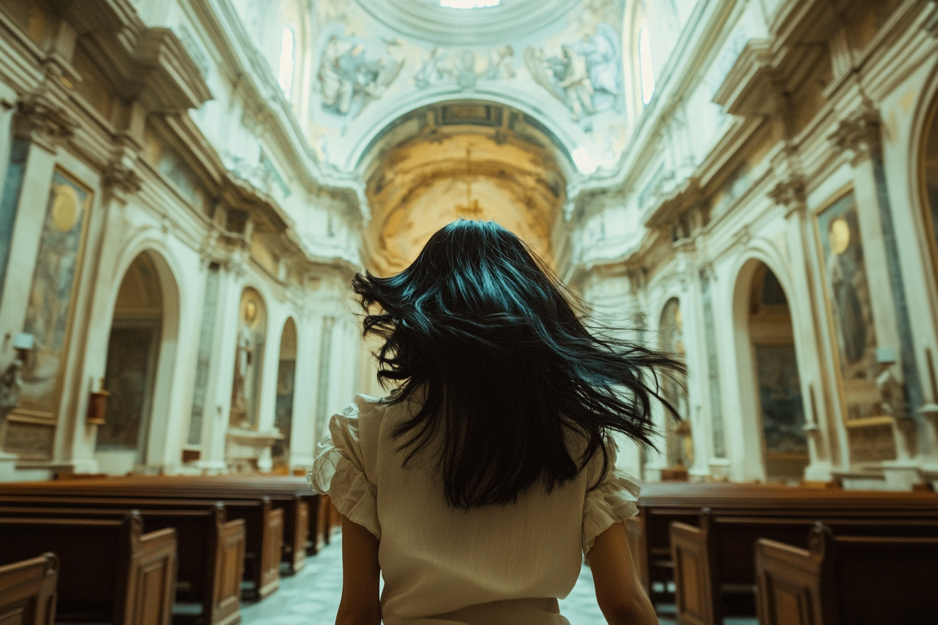 Una mujer sale corriendo de una iglesia | Fuente: Midjourney