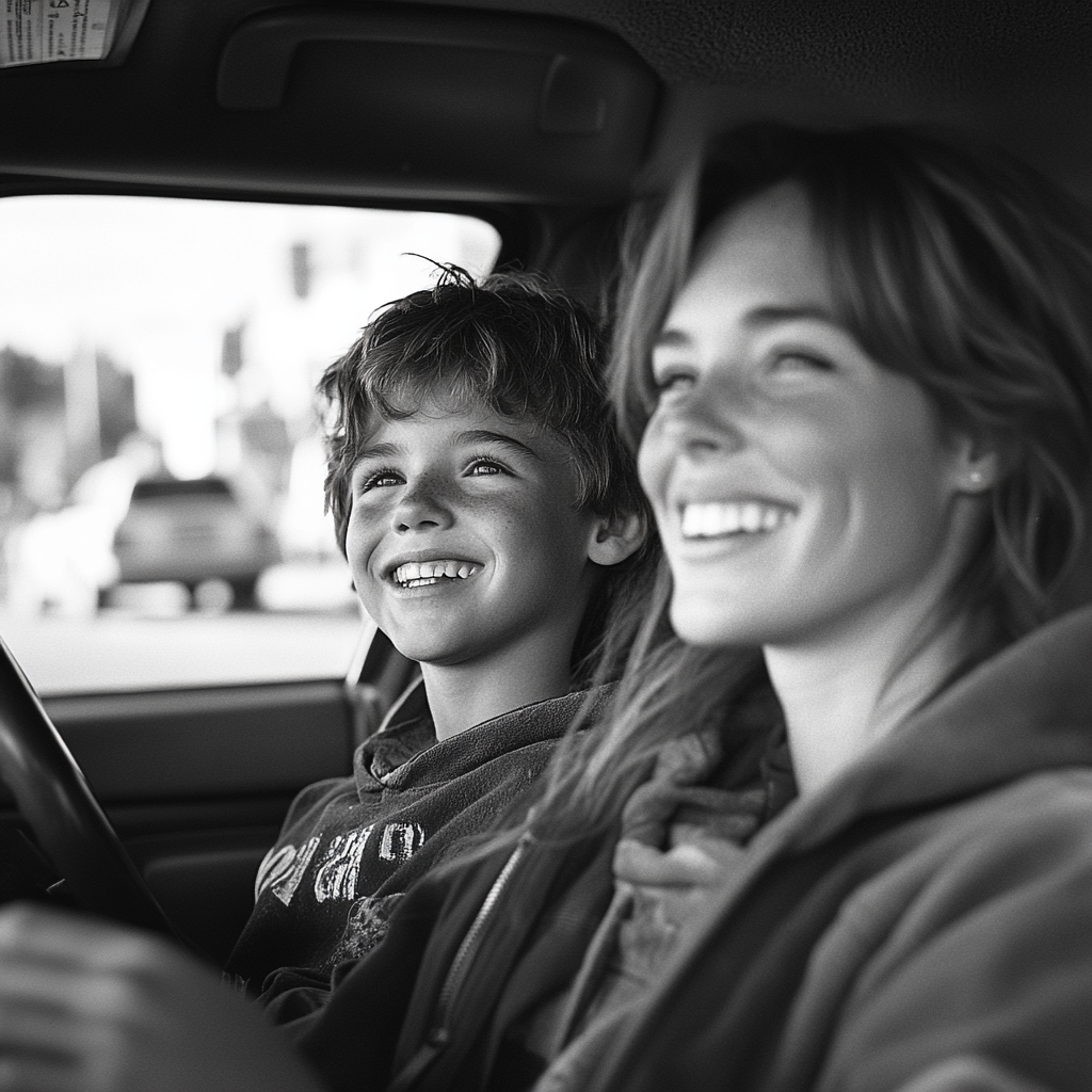 Una madre y un hijo felices conduciendo | Fuente: Midjourney