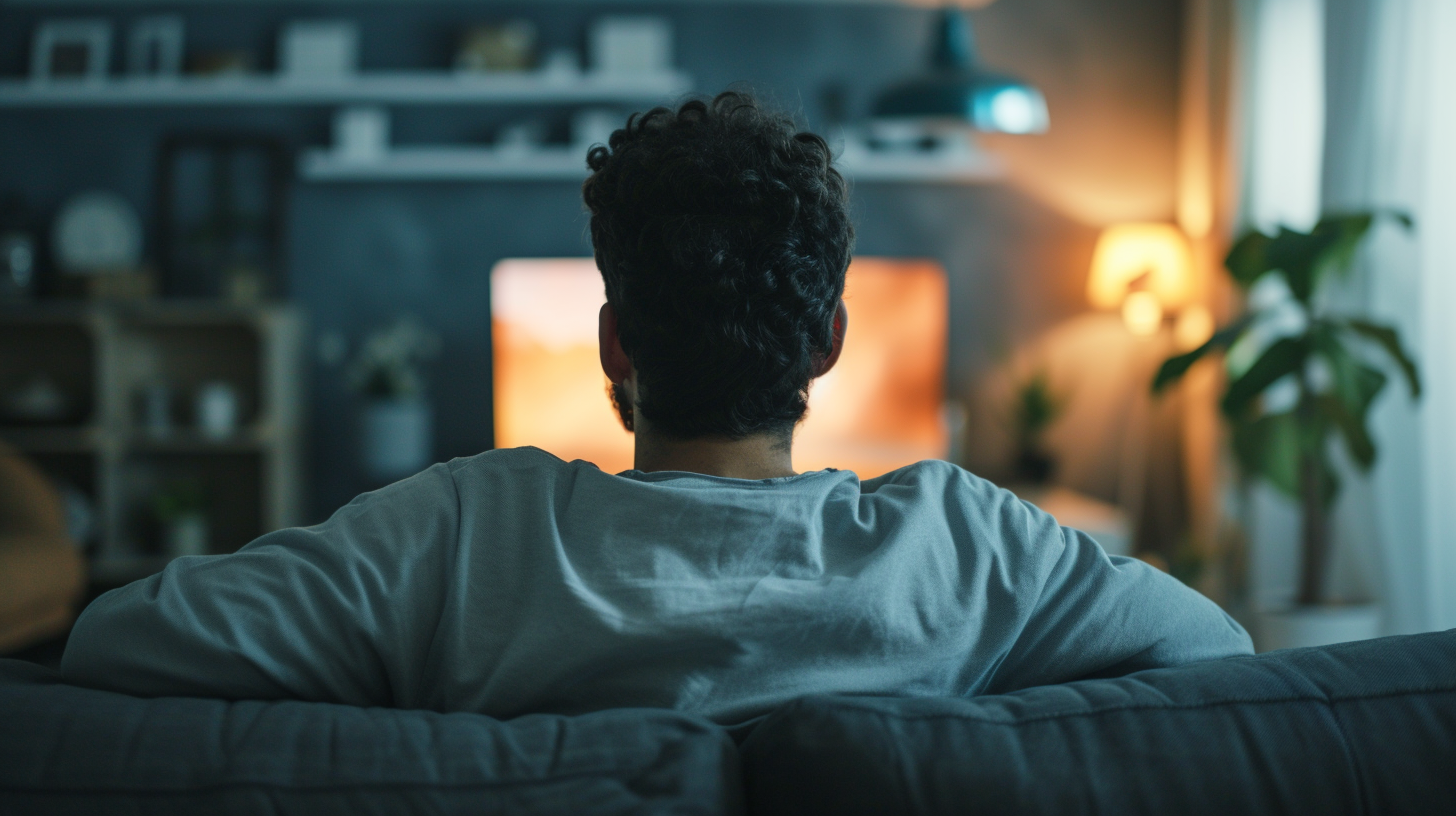 Un hombre sentado en un sofá viendo la tele | Fuente: Midjourney