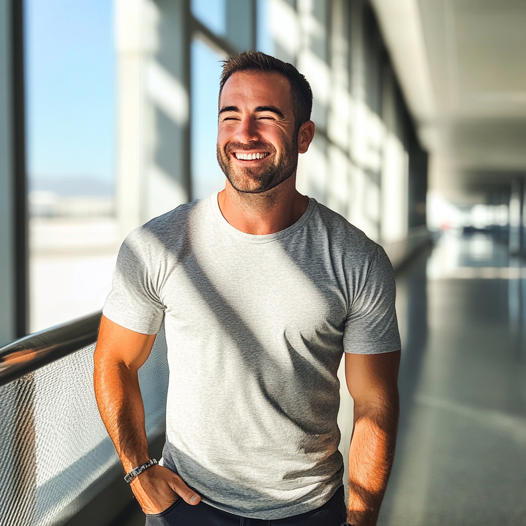 Un hombre riéndose en un aeropuerto | Fuente: Midjourney