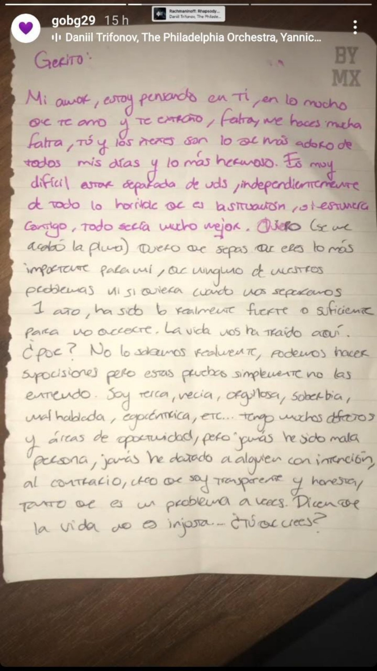 Parte de la carta que Yoseline Hoffman envió a su novio. | Foto: Captura de instagram/gobg29