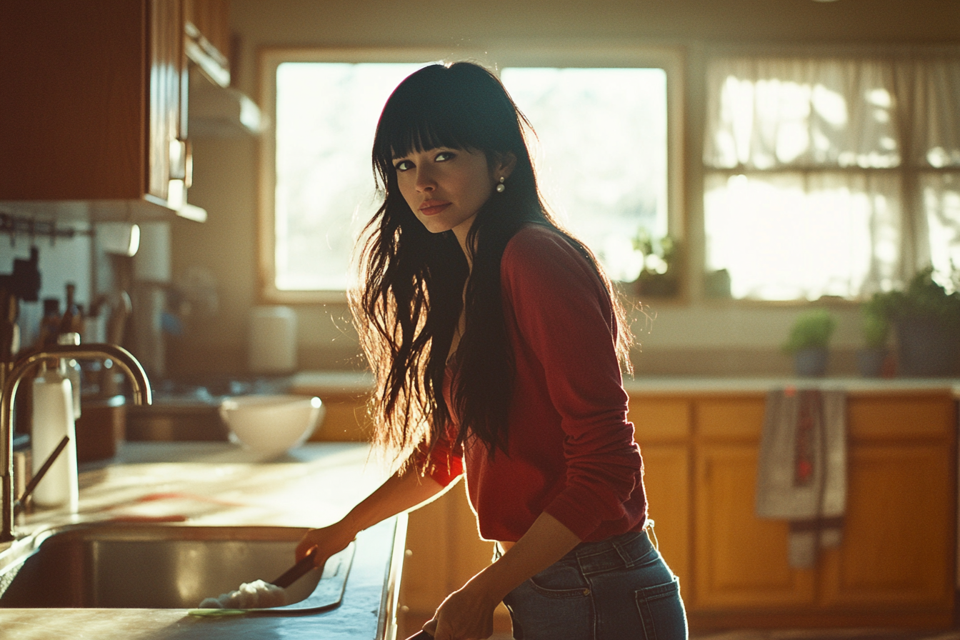 Mujer de unos 30 años limpiando la cocina con cara de preocupación | Fuente: Midjourney