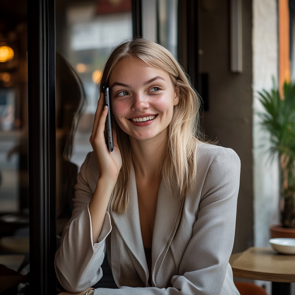 Una mujer sonríe mientras habla por teléfono | Fuente: Midjourney