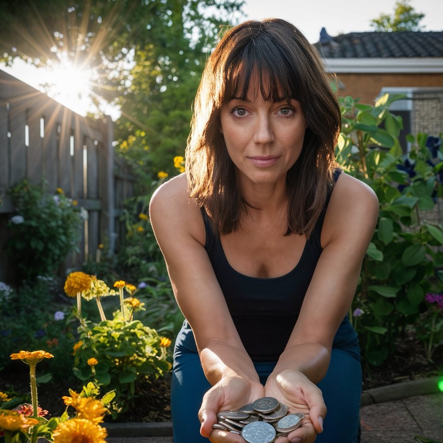 Una mujer agachada en un jardín de flores, con unas monedas en las manos | Fuente: Midjourney