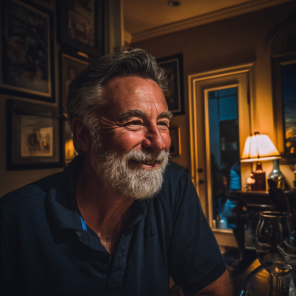 Un uomo anziano sorridente seduto a un tavolo | Fonte: Midjourney